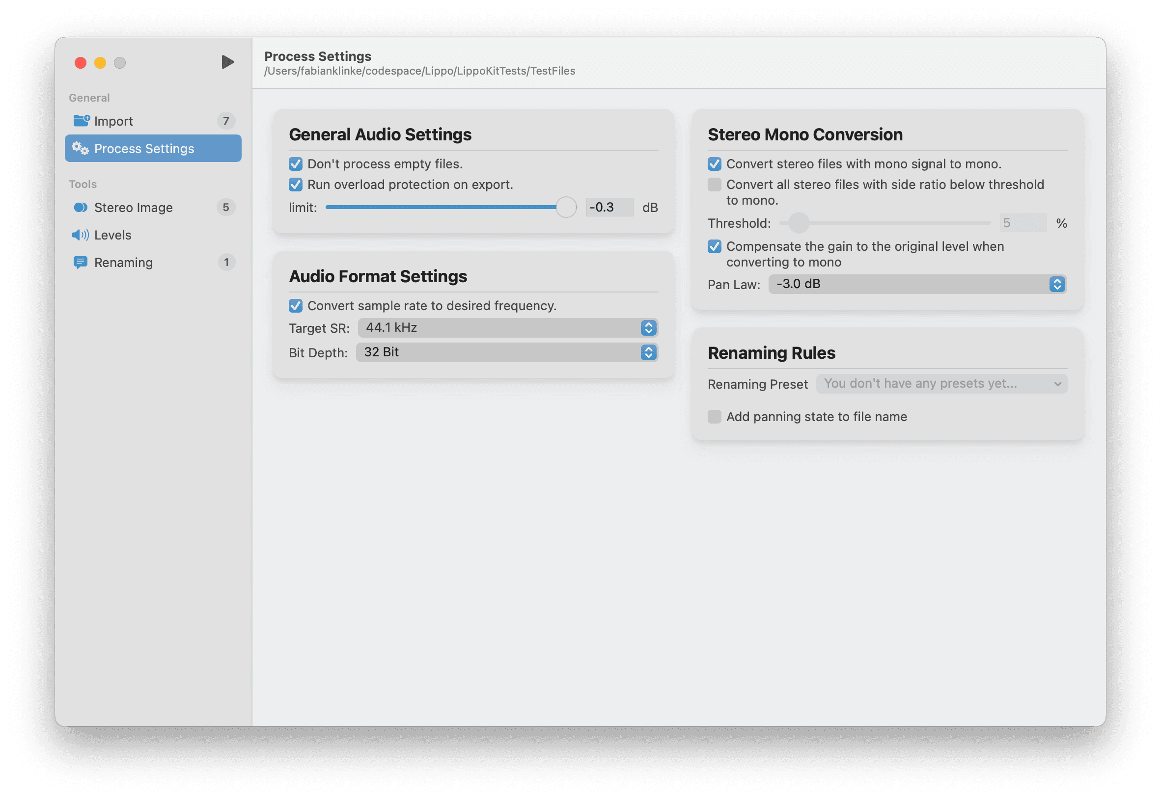 Processing View with overall settings